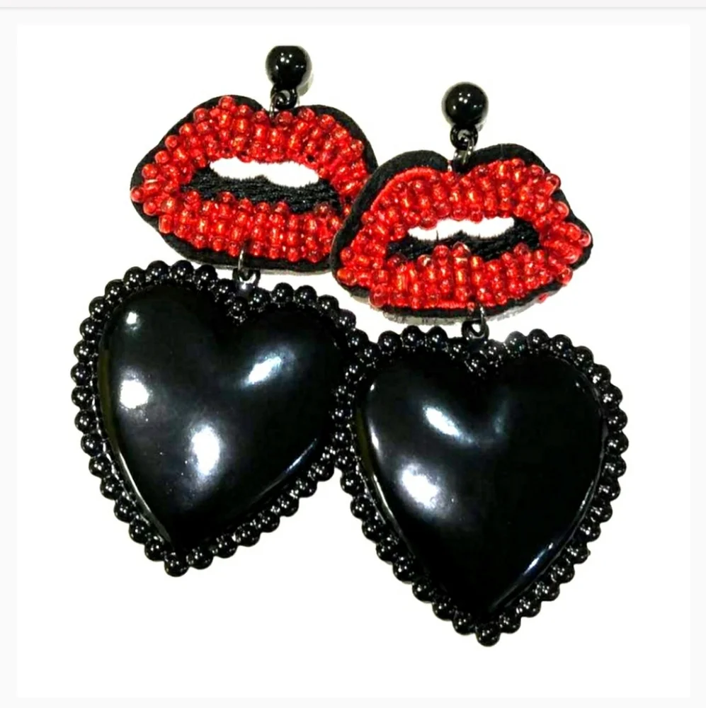 Beaded Red Lips & Black Heart Statement Earrings | 3.5” Lightweight | Kiss &Tell